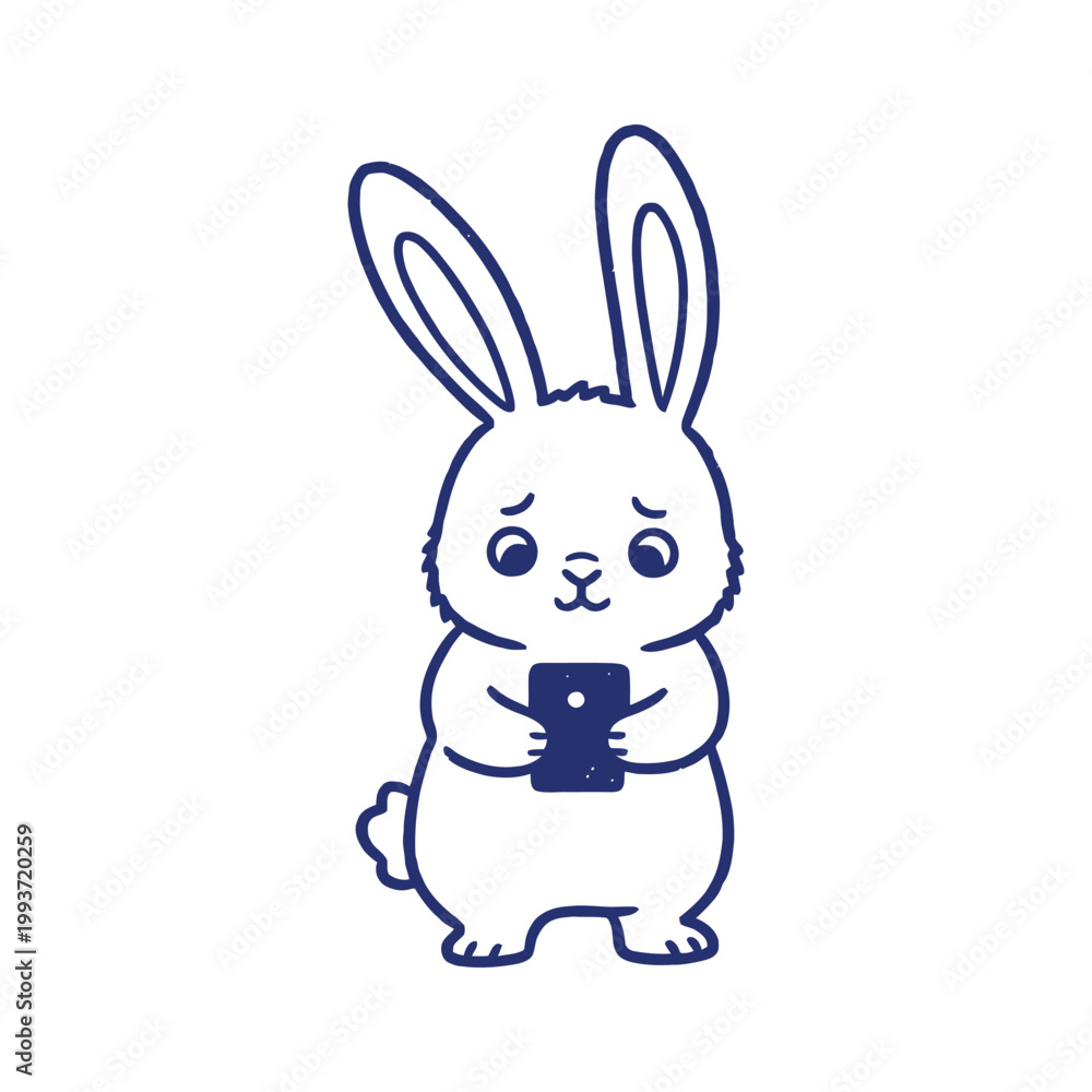Obraz premium Vector illustration of a bunny using a mobile phone. Minimalist blue line art, cute rabbit mascot with gadget isolated on white.