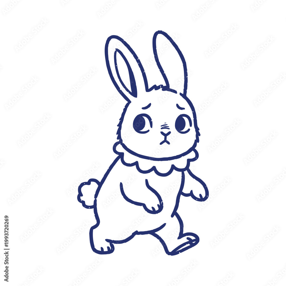 Obraz premium Minimalist vector of a scared running bunny. Cute anxious rabbit mascot in a rush, blue line art style isolated on white.