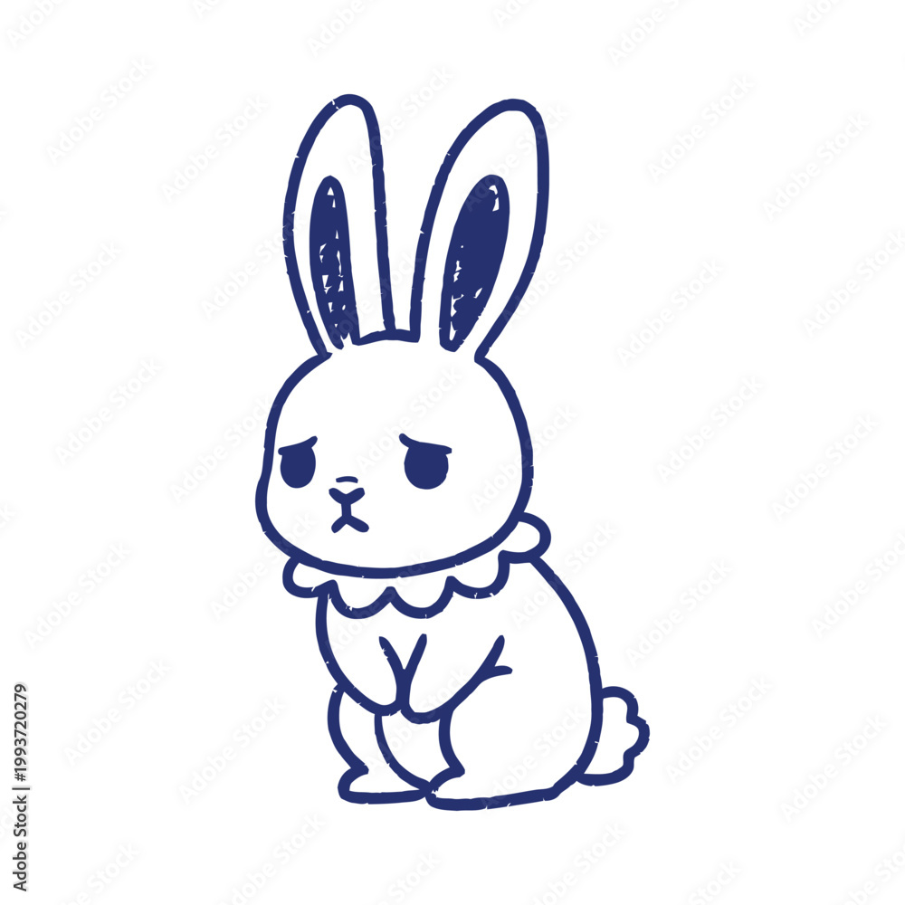 Obraz premium Vector illustration of a sad sitting bunny. Minimalist blue line art, cute pensive rabbit character showing sorrow, isolated on white.