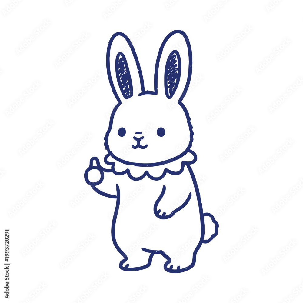 Obraz premium Minimalist vector of a bunny giving a thumb up. Cute animal character showing approval, blue line art style isolated on white.