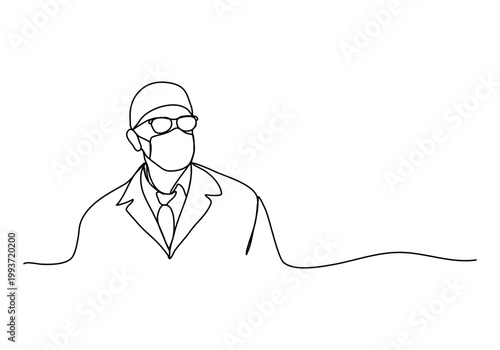 Doctor in a medical mask one line drawing. Vector illustration.