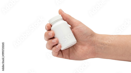 Hand Holding Blank White Plastic Pill Bottle Isolated on Transparent Background, Png.