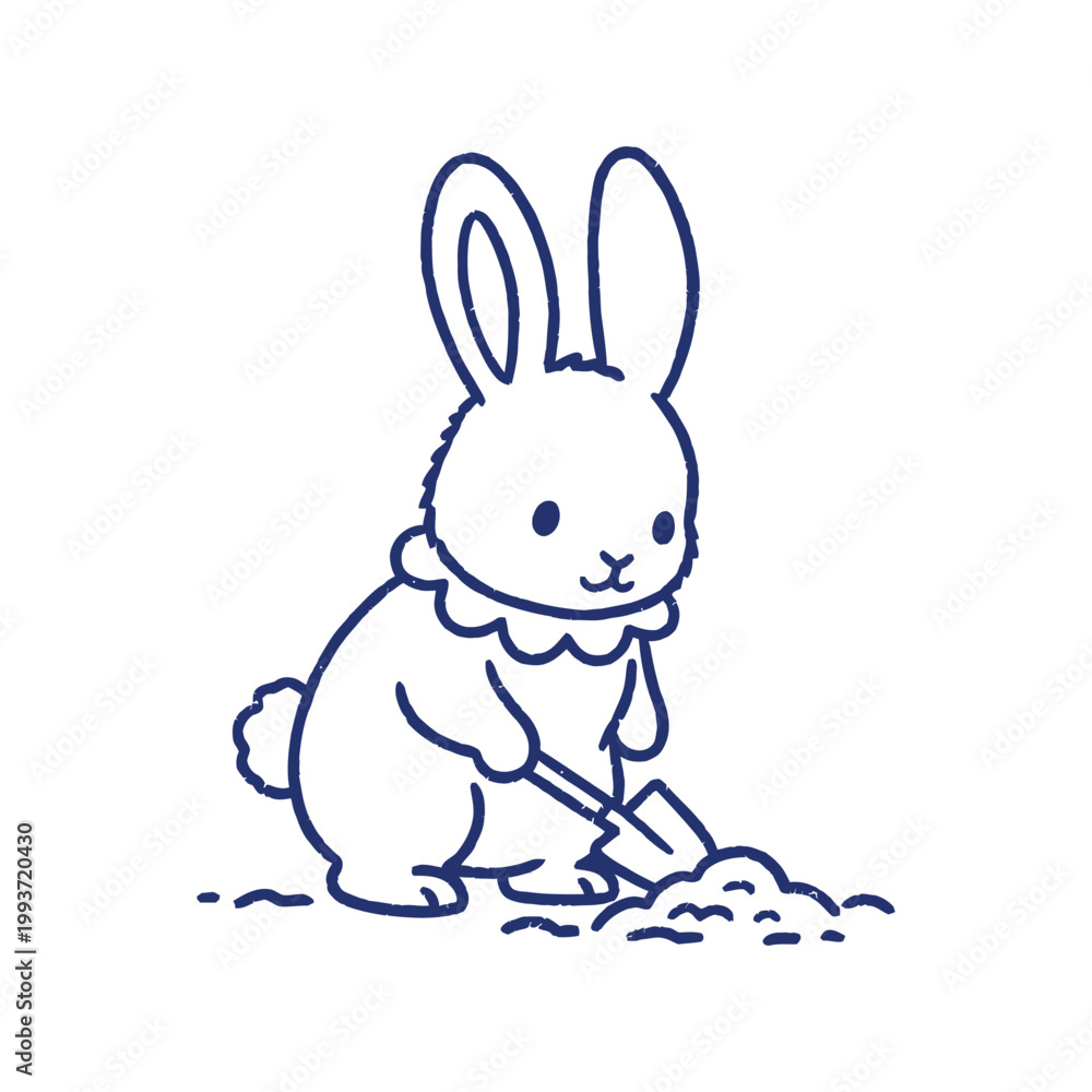 Fototapeta premium Minimalist vector of a bunny digging with a spade. Cute animal character gardening, blue line art isolated on white.