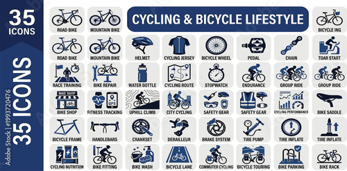 Diverse collection of cycling and bicycle lifestyle icons, illustrating essential gear, outdoor activities, road safety, and urban commuting for enthusiasts