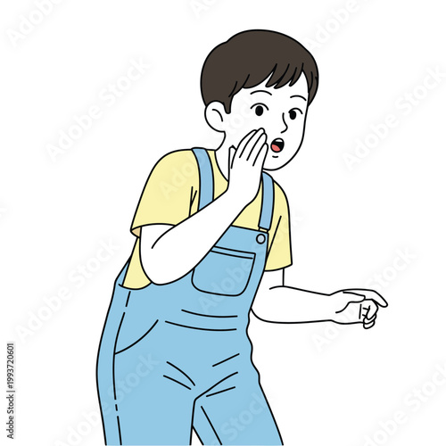 A young boy in blue denim overalls whispering and looking surprised as he shares a secret. Flat design pastel illustration of childhood friendship.