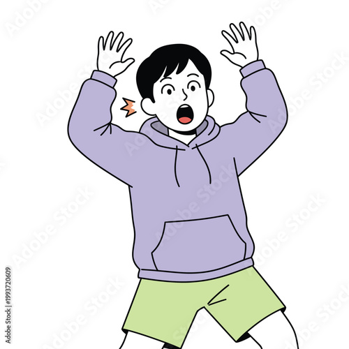 Flat design vector of a boy character with a shocked expression. Concept of surprise, fear, or amazement in minimalist pastel colors.