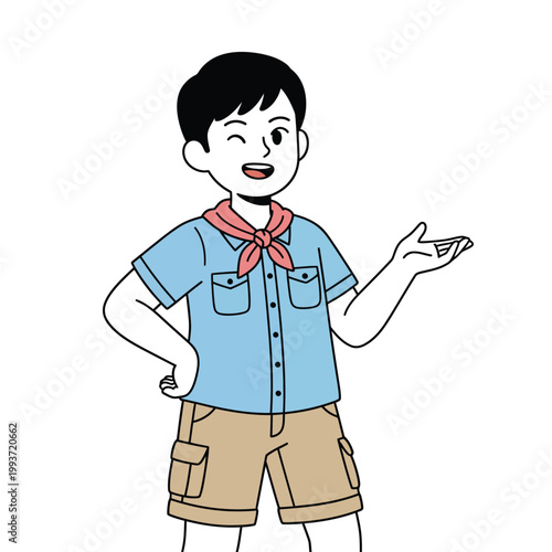 Cute boy scout in uniform with a red neckerchief winking and gesturing. Flat design pastel illustration of scouting and friendly character.