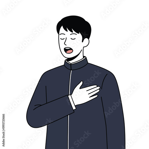A young man in a dark school uniform singing with his hand over his heart. Flat design pastel illustration of patriotism or emotional song.