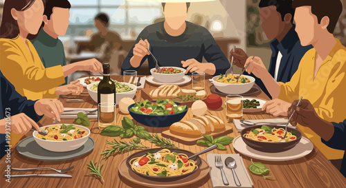 Friends and family gather around a bountiful table, enjoying a delightful shared meal in a warm and inviting atmosphere