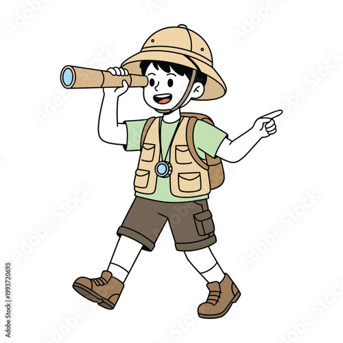 Flat design vector of a young adventurer boy searching with a telescope. Science, nature, and exploration concept for kids.