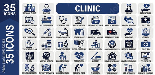 A comprehensive collection of 35 diverse medical and healthcare vector icons, ideal for illustrating clinic services, hospital departments, and health-related digital projects