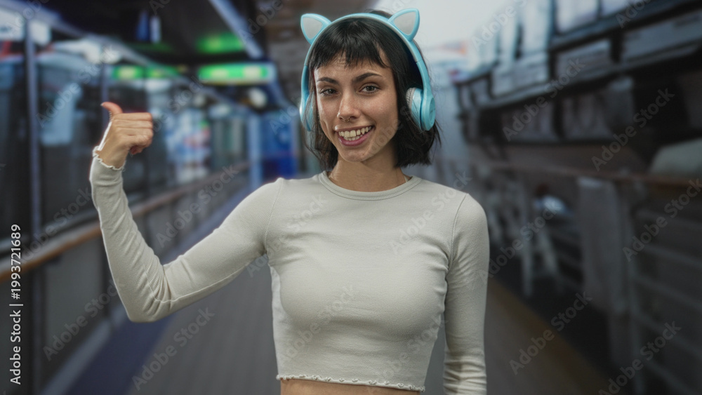 Fototapeta premium Young hispanic woman with cat ear headphones makes finger to lips for silence in a building corridor; quiet.