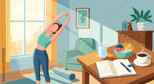 Serene Morning Wellness Woman Stretching at Home, Embracing a Healthy Routine and Nutritious Breakfast in a Sunlit Space