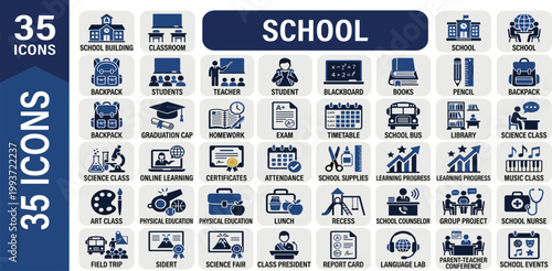 A versatile vector icon collection encompassing various school and education concepts, from classroom activities to student life and academic subjects