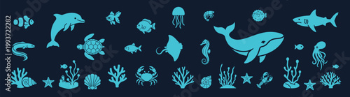 Marine animals set ocean silhouette blue icons on dark background