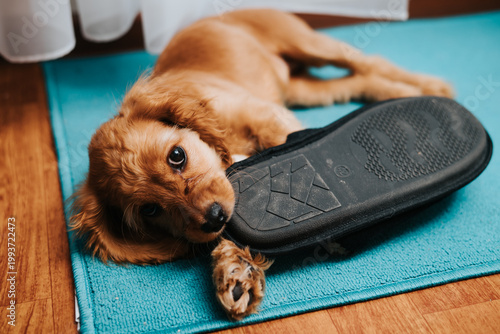 A young golden puppy lies on a blue mat, chewing on a black shoe. The setting appears to be indoors, highlighting the playful nature of the dog