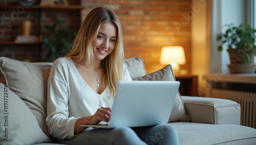 Young woman using laptop while sitting on sofa at home