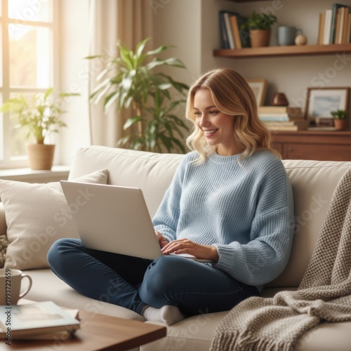 Young woman using laptop while sitting on sofa at home