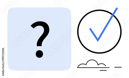 Decision-making, approval processes, validation steps, uncertainty navigation, problem-solving, conceptual thinking. Question mark in blue background and check mark over cloud. Decision-making