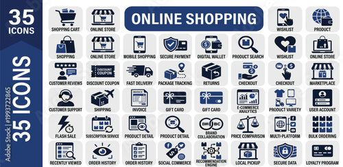 Collection of 35 online shopping icons for e-commerce, digital marketing, and web design
