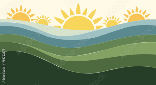 Serene landscape illustration with vibrant rising suns illuminating rolling green and blue waves, evoking a sense of renewal and natural harmony