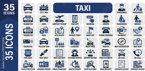 35 Vector Icons Representing Taxi Services, Transportation, and Travel App Features for Digital Platforms