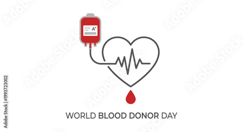 World blood donor day illustration heartbeat line and blood bag