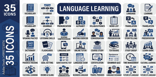 Comprehensive vector illustration set depicting various methods and essential tools for language learning and acquisition, ideal for educational resources, app development, and skill enhancement