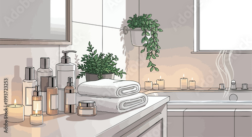 Cozy bathroom interior illustration with lit candles, fresh towels, and lush plants, creating a relaxing spa-like ambiance for personal care and tranquility