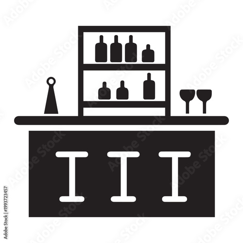 black and white bar counter with bottles and glasses