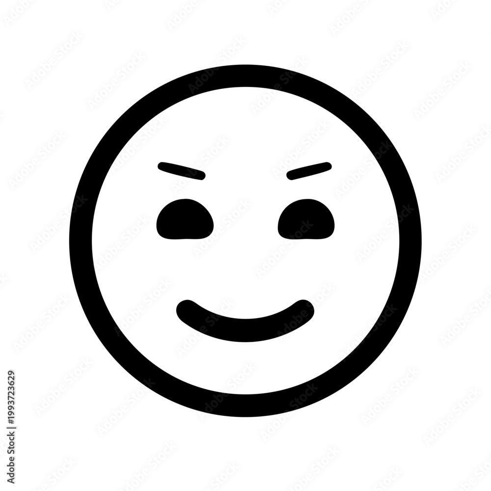 Fototapeta premium Mischievous Smirking Face Emoji Icon, Simple Black and White Line Art Smug Emoticon Avatar on White Background