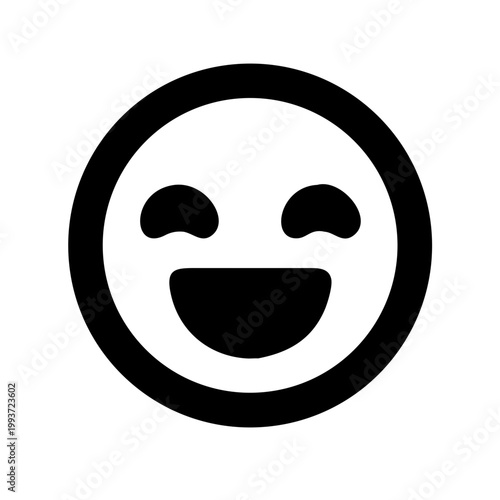 Minimalist Happy Smiley Face Icon, Black and White Laughing Emoji with Arched Eyes and Open Mouth, Vector Style Emoticon Illustration