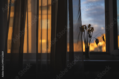 Vintage retro style window with airy tulle, interior decoration for the background.