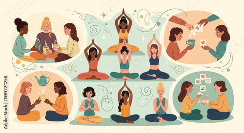 Diverse Women Embracing Mindfulness and Inner Peace Through Yoga and Meditation, Fostering Wellness and Community Connections
