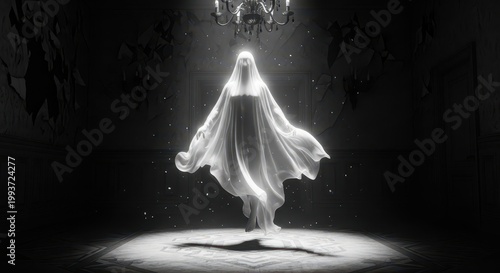 Eerie black and white image capturing a spooky apparition floating silently through a haunted, forgotten space, invisible, apparition, terrifying