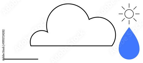 Weather forecast, climate change, season transition, sustainability, meteorology, hydrology. Minimalist cloud outline with a sun and blue raindrop. Weather forecast and climate change visual