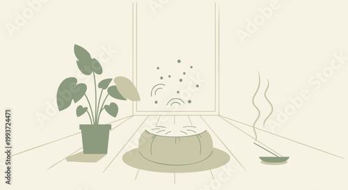 Zen Interior Illustration Peaceful Meditation Corner with Zafu Cushion, Incense, and Potted Plant