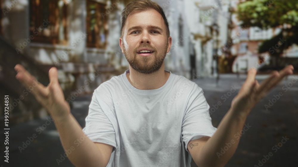 Fototapeta premium Man with open hands gesturing in white tshirt on street with blurred buildings and trees; thoughtful reflection.