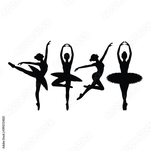 Four black silhouettes of ballerinas in various dance poses on white background