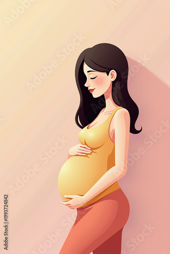 Calm Pregnant Woman Silhouette Holding Belly in Soft Peach - Serene & Elegant