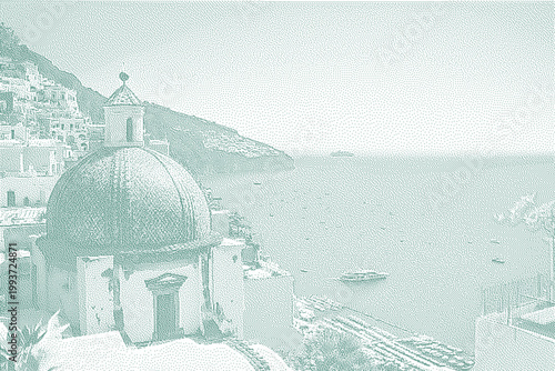 Italian Coastal Village Dome with Mediterranean Sea View Under Bright Sunlight