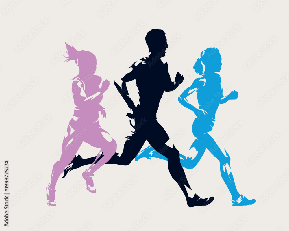 Fototapeta premium Run, running people. Group of man and women. Marathon runners. Isolated abstract vector silhouette