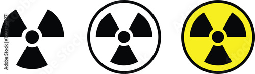 Three variations of the international biohazard symbol representing radiation danger