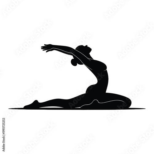 Black silhouette of a woman in a yoga pose on white background