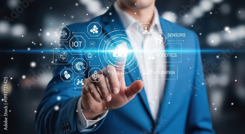 Businessman in blue suit interacting with futuristic iot interface with robotics and automation icons floating in front of him