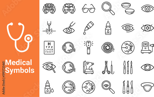 A collection of 36 ophthalmology icons in line style, featuring various eye and medical symbols on a white background