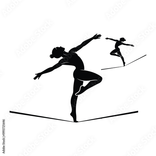 Silhouette of two women balancing on a tightrope in a graceful pose