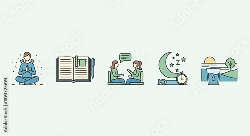 Collection of vibrant vector illustrations showcasing essential self-care routines for mental well-being, healthy habits, and a balanced lifestyle