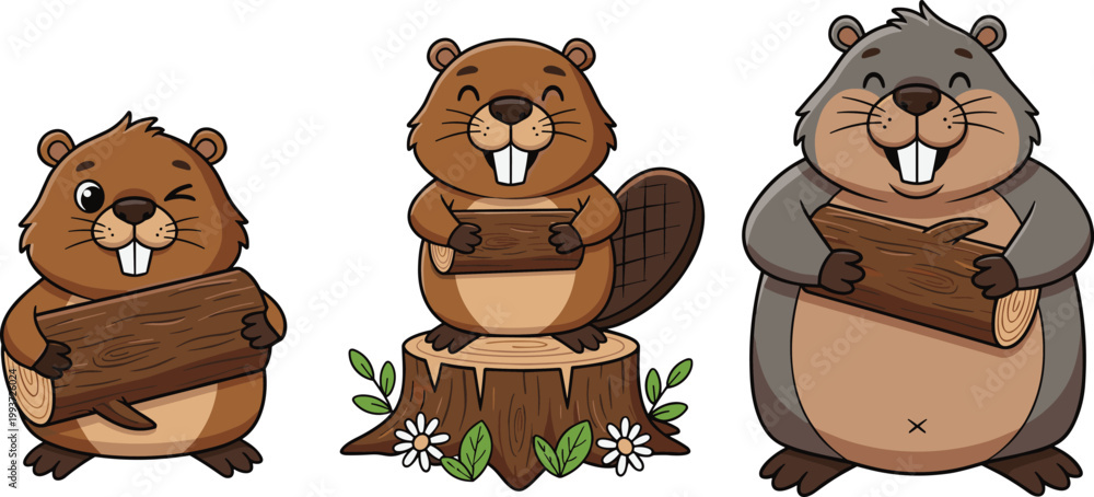 Fototapeta premium Set of Cute Groundhog Illustrations with Logs for Animal, Nature, and Wildlife Designs, Vector Art