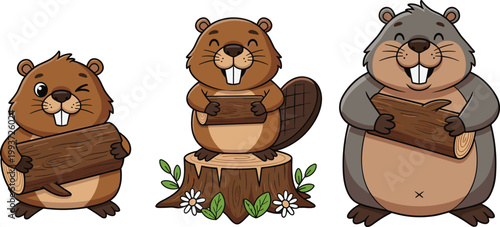 Set of Cute Groundhog Illustrations with Logs for Animal, Nature, and Wildlife Designs, Vector Art